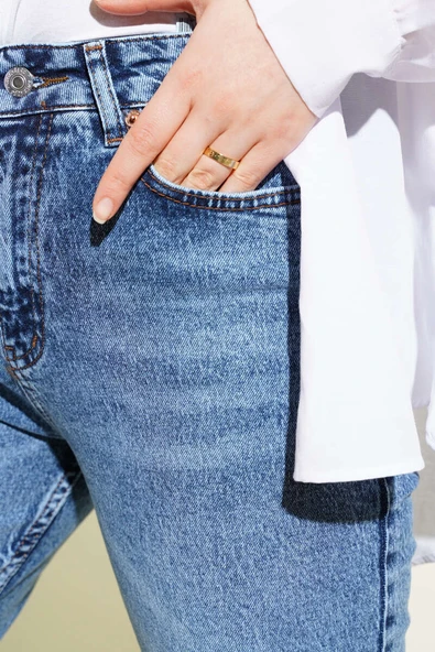 Kesik Paça Mom Kot Pantolon Orta Kar - Resim 4