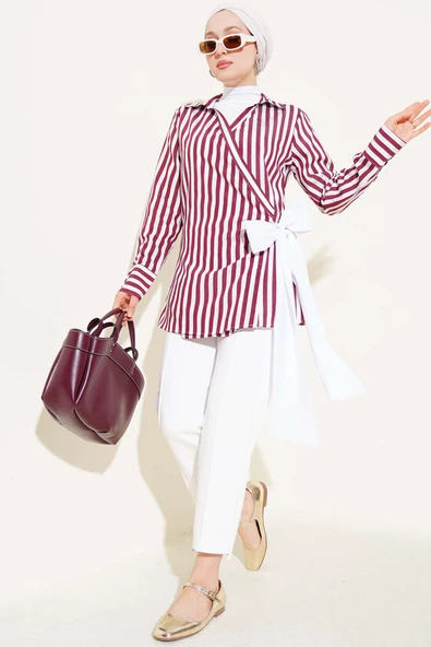 Yandan Bağlamalı Çizgili Kimono Bordo - 2