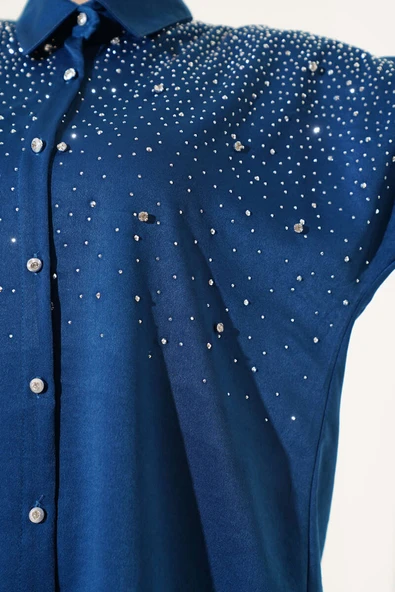 Omuz Taş Süslemeli Tunik İkili Takım İndigo - Resim 4