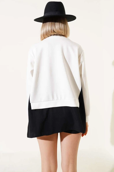 Gömlek Garnili Kuş Taşlı Salaş Sweatshirt Ekru - 3