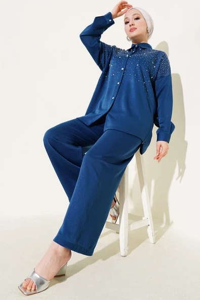 Omuz Taş Süslemeli Tunik İkili Takım İndigo ürün görseli 1