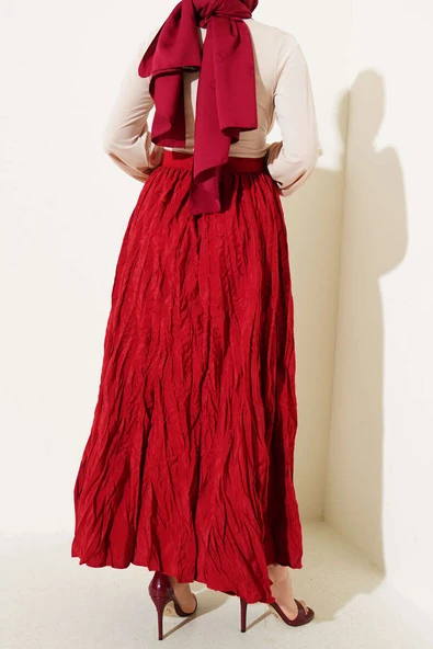 Pileli Bel Fermuarlı Kraş Etek Bordo - Resim 3