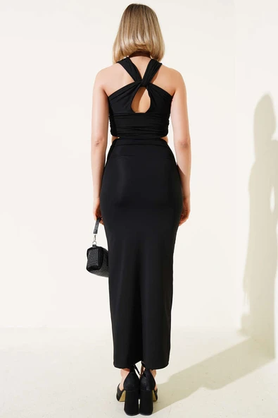Boydan Bağlamalı Dekolteli Elbise Siyah - Resim 3
