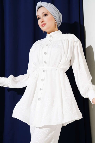 Taş Düğmeli Desenli Jakar İkili Takım Ekru - Resim 2