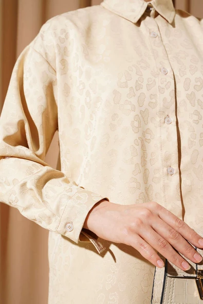 Leopar Desenli Jakar İkili Takım Bej - Resim 4