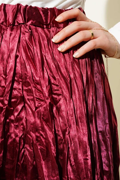 Saten Kırışık Etek Bordo - Resim 4