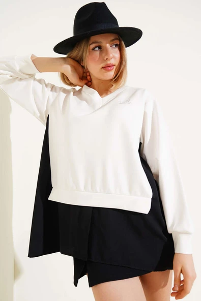 Gömlek Garnili Kuş Taşlı Salaş Sweatshirt Ekru - 2