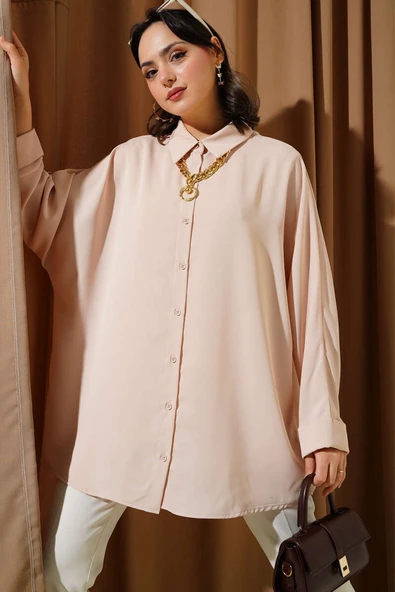 Kolyeli Yarasa Kol Salaş Gömlek Bej ürün görseli 1