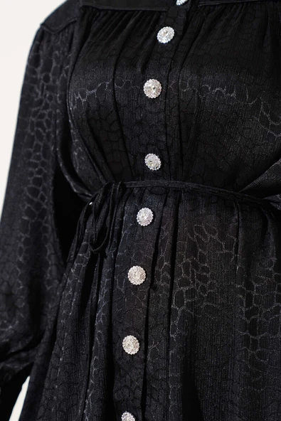 Taş Düğmeli Desenli Jakar İkili Takım Siyah - Resim 4
