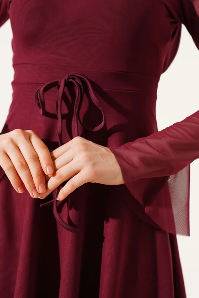 Sırt Dekolteli Tül Detaylı Mini Elbise Bordo - Resim 4