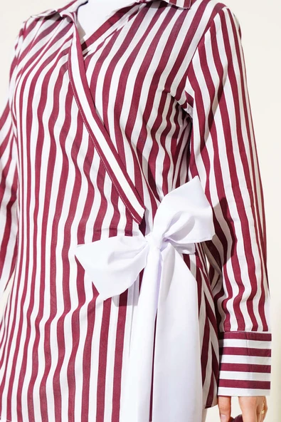 Yandan Bağlamalı Çizgili Kimono Bordo - 4