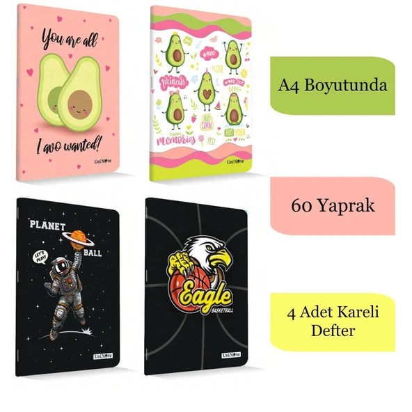 Çınar Uninote A4 60 Yaprak Karton Kapak Dikişli Defter Kareli 4 Adet