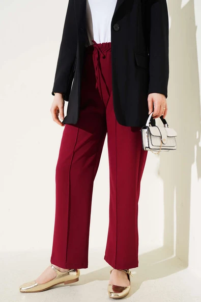 Bel Lastikli Çımalı Bol Paça Pantolon Bordo ürün görseli 1