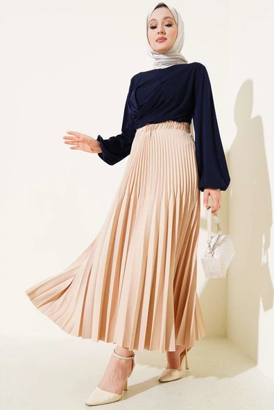 Çift Piliseli Bel Lastikli Etek Bej - Resim 2