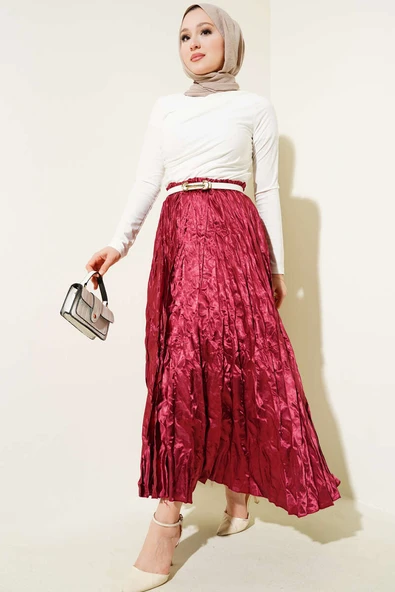 Saten Kırışık Etek Bordo - Resim 2