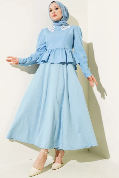 Yaka Dantelli Etekli İkili Takım Kot Mavisi ürün görseli 1