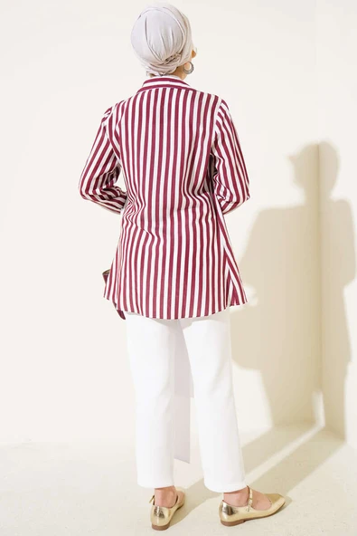 Yandan Bağlamalı Çizgili Kimono Bordo - 3