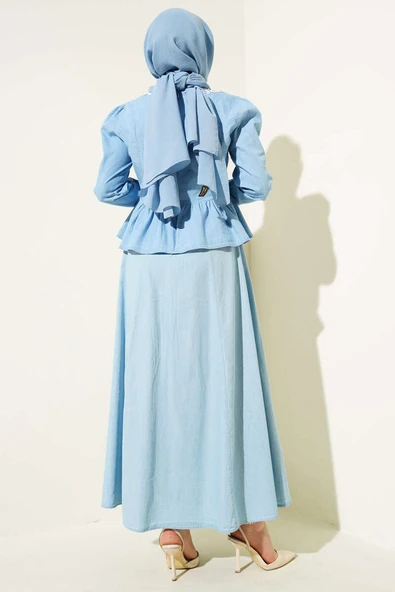 Yaka Dantelli Etekli İkili Takım Kot Mavisi - Resim 3