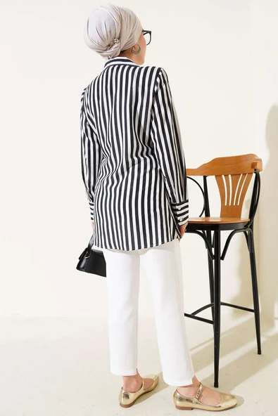 Yandan Bağlamalı Çizgili Kimono Siyah - Resim 3