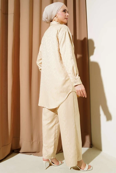 Leopar Desenli Jakar İkili Takım Bej - Resim 3