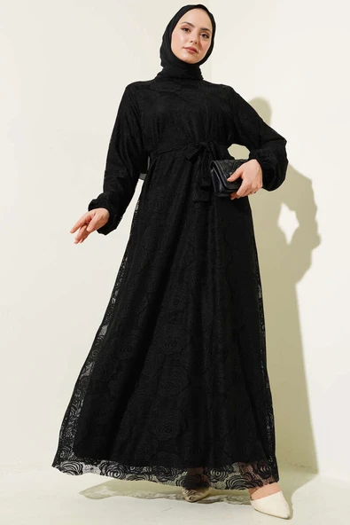Gül Dantelli Kuşaklı Elbise Siyah ürün görseli 1