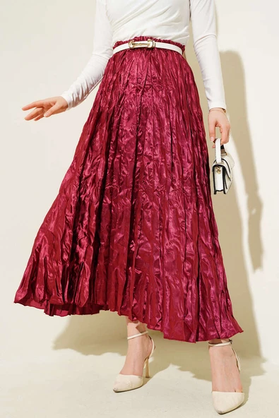 Saten Kırışık Etek Bordo ürün görseli 1