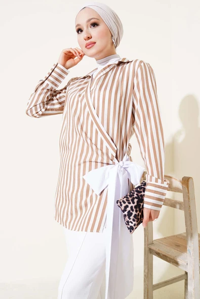 Yandan Bağlamalı Çizgili Kimono Camel - 1