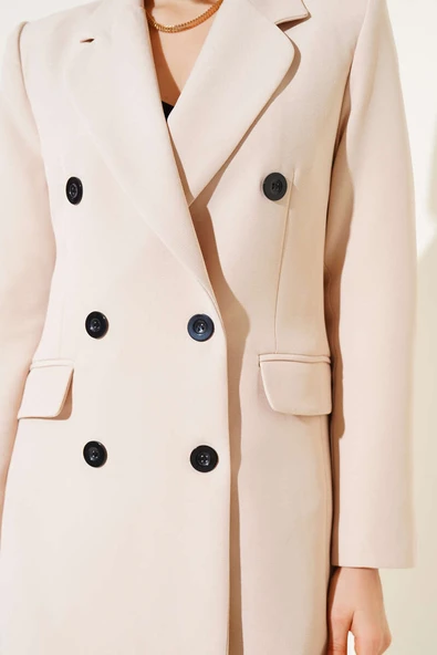 Kruvaze Yaka Düğmeli Astarlı Blazer Ceket Taş - 4
