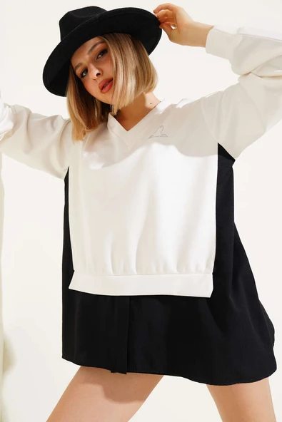 Gömlek Garnili Kuş Taşlı Salaş Sweatshirt Ekru