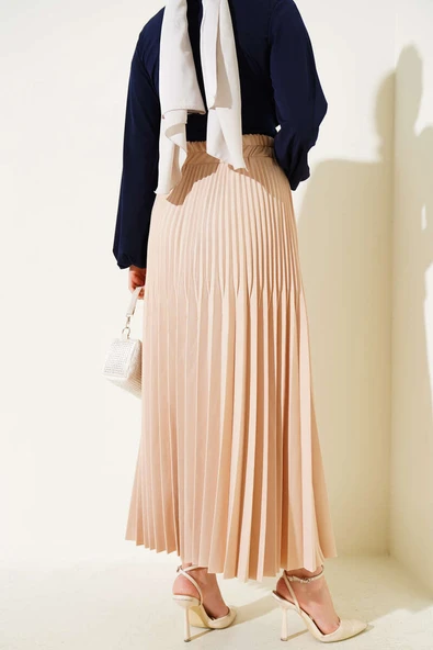 Çift Piliseli Bel Lastikli Etek Bej - Resim 3