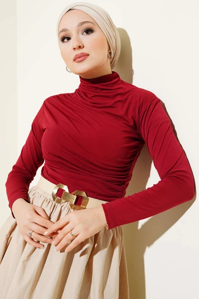 Balıkçı Yaka Büzgülü Bluz Bordo