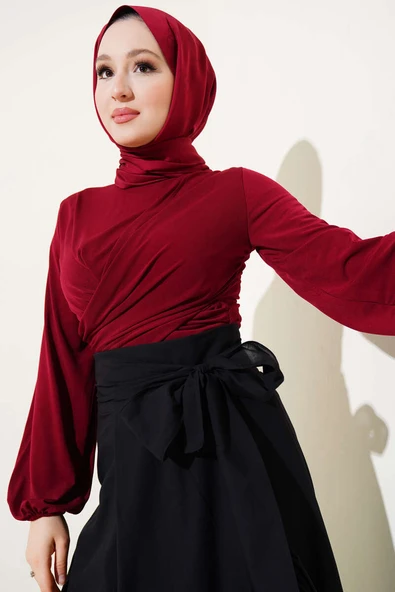 Bilek Lastikli Çapraz Büzgülü Bluz Bordo - 2
