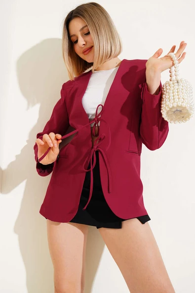 Önü Bağlamalı Astarlı Ceket Bordo ürün görseli 1