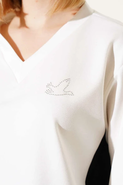 Gömlek Garnili Kuş Taşlı Salaş Sweatshirt Ekru - 4