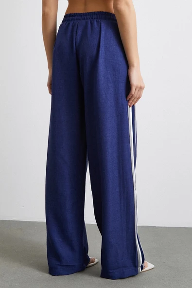 Beli Lastikli Çift Şeritli Pantolon Saks - 6