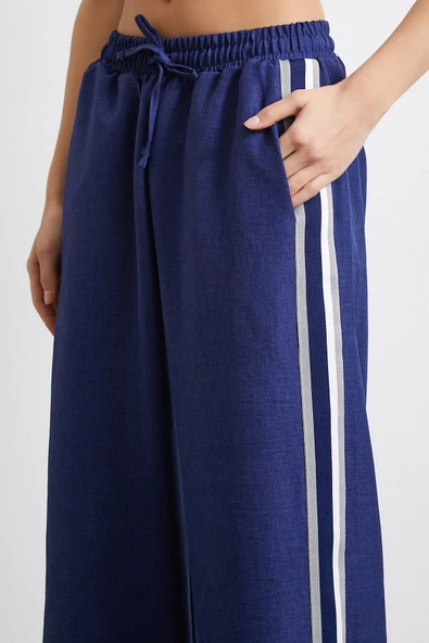 Beli Lastikli Çift Şeritli Pantolon Saks - 5