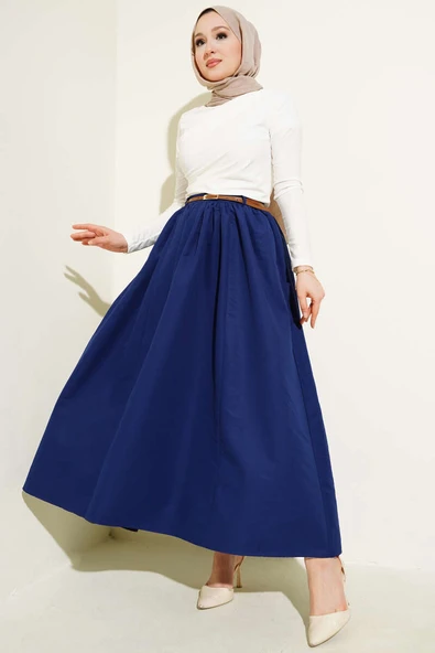 Kemerli Cepli Kloş Etek Lacivert - Resim 2