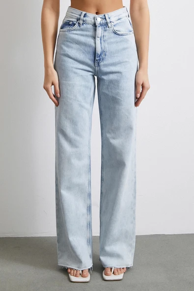 Yüksek Bel Likralı Kesik Paça Jean Buz Mavisi - 5