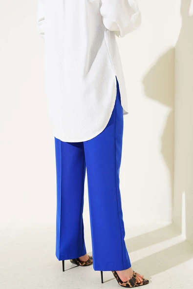 Cırtlı Pileli Bol Paça Pantolon Saks - Resim 3