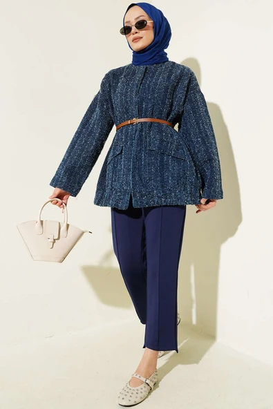 Kemerli Sakallı Kot Ceket Lacivert - Resim 2