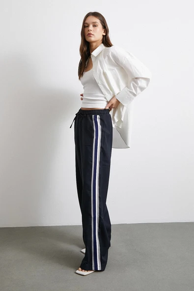 Beli Lastikli Çift Şeritli Pantolon Lacivert - 4