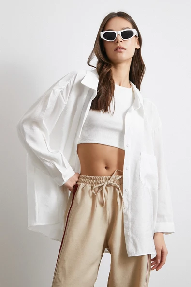 Oversize Cepli Modal Gömlek Beyaz - Resim 2