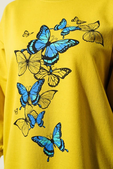 Kelebek Baskılı İki İplik Tunik Yağ Yeşili - Resim 4