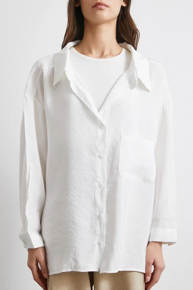 Oversize Cepli Modal Gömlek Beyaz - Resim 6