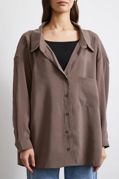 Oversize Cepli Modal Gömlek Kahve - Resim 5