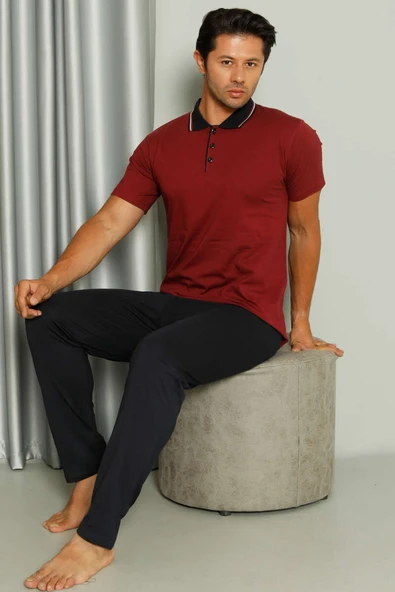 Gömlek Yaka Desenli Kısa Kol Erkek Pijama Takım Bordo - Resim 2