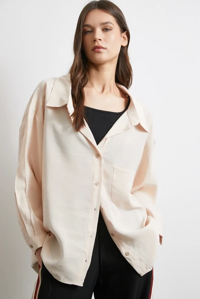 Oversize Cepli Modal Gömlek Bej - Resim 2