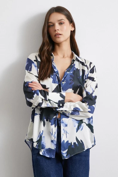 Saten Yüzeyli Desenli Gömlek Lacivert - Resim 5