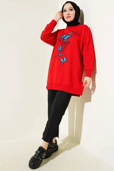 Kelebek Baskılı İki İplik Tunik Kırmızı - 2