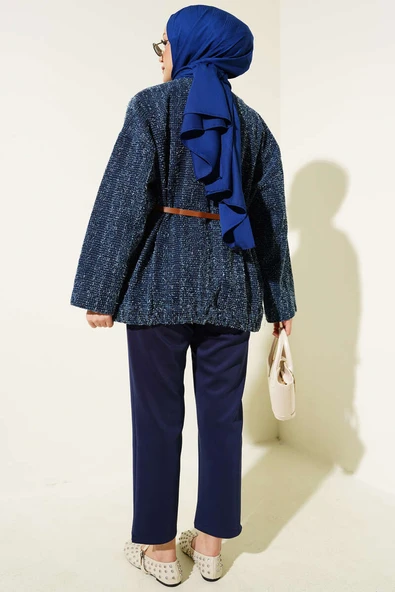 Kemerli Sakallı Kot Ceket Lacivert - Resim 3